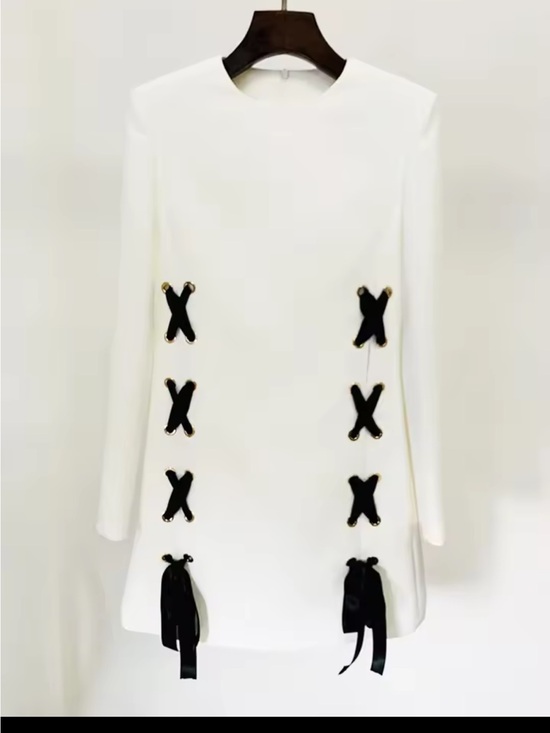 Dresses & Skirts - White Long-Sleeve Mini Dress with Black Ribbon Accents wedding